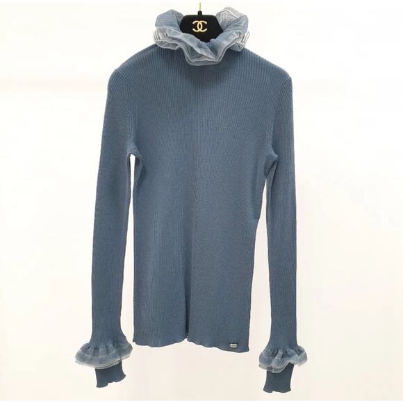 Chanel Grey Blue Wool Knit & Mesh Ruffled Turtleneck Sweater Sz.38 - Picture 1 of 8